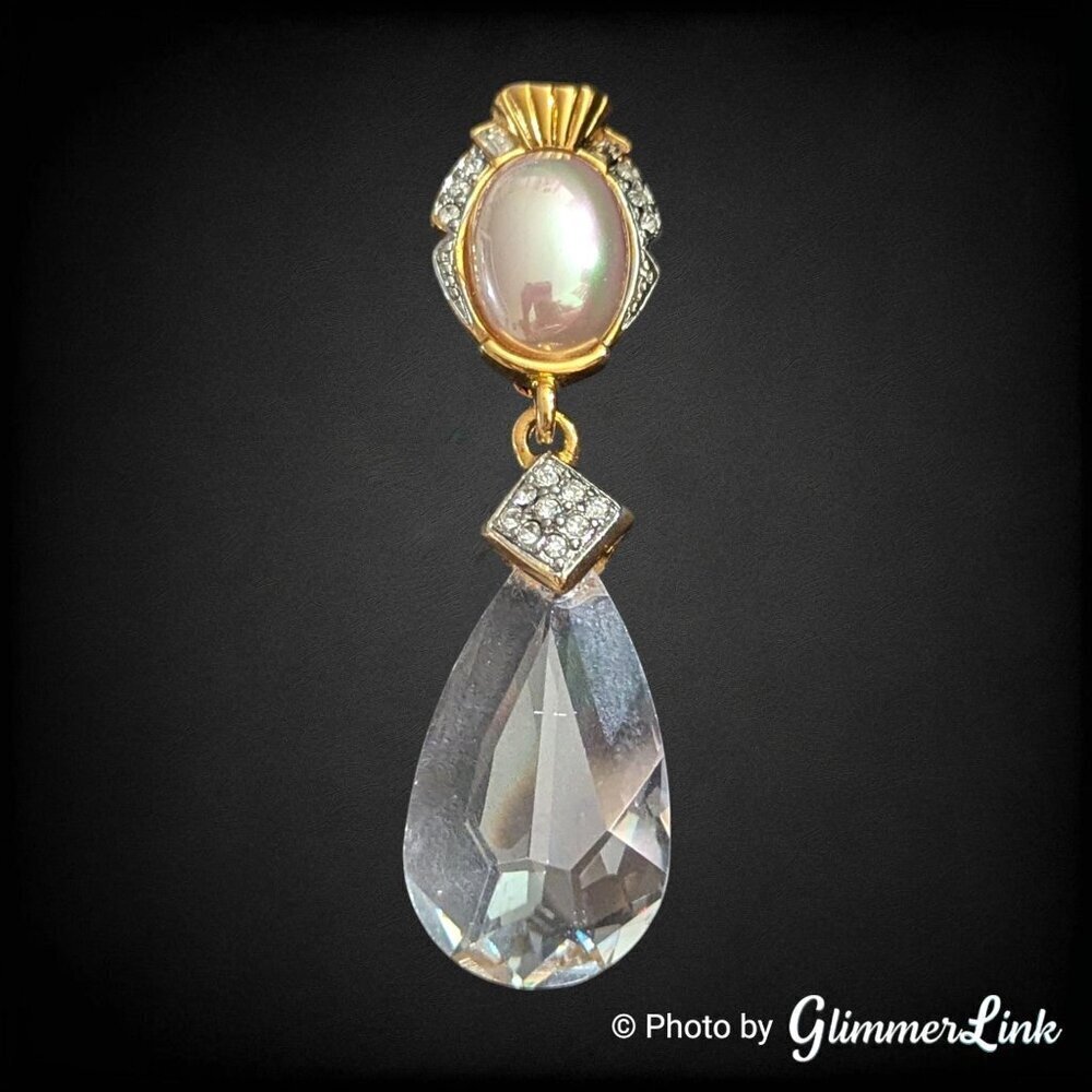 VTG 80s Signed Craft Faux Pearl Crystal Teardrop Dangle Tiered Gold Tone Brooch